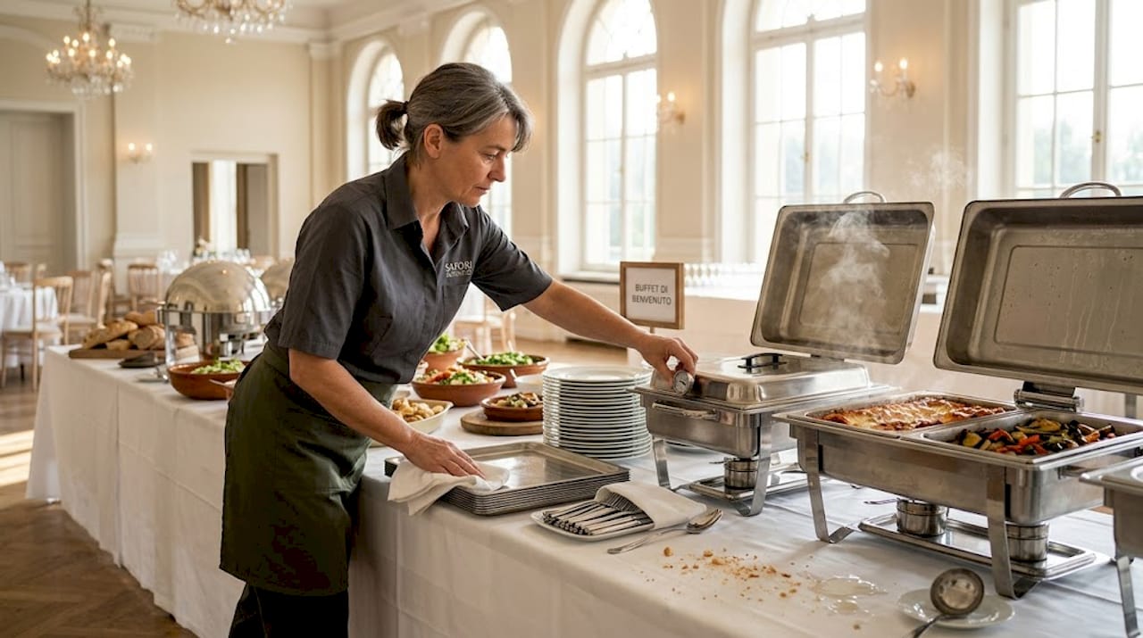 Un addetto al catering sta allestendo l'esposizione dell'attrezzatura per il buffet.