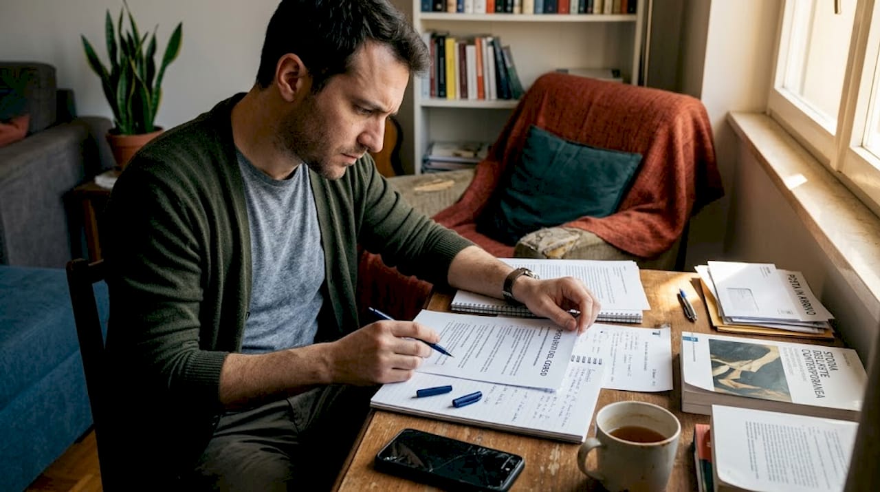 Un adulto concentrato studia materiali didattici seduto alla propria scrivania.