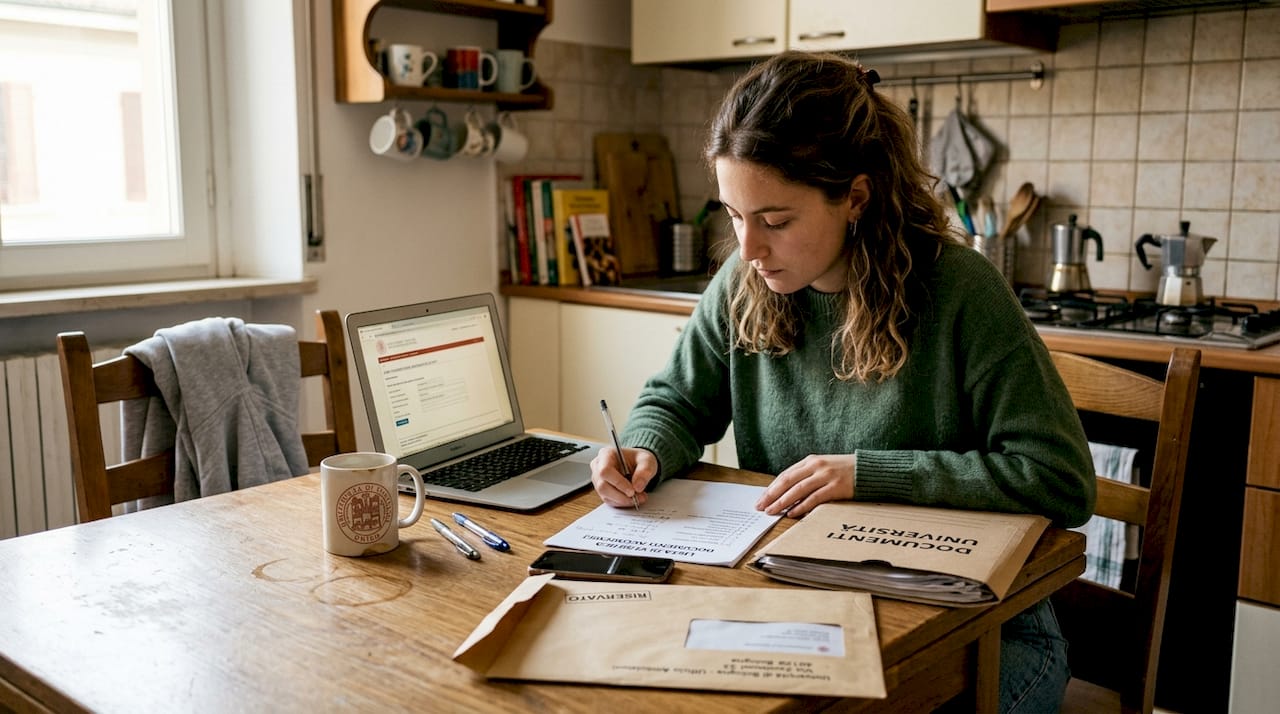 Uno studente seduto al tavolo della cucina, immerso nella lettura e nella correzione dei propri appunti.