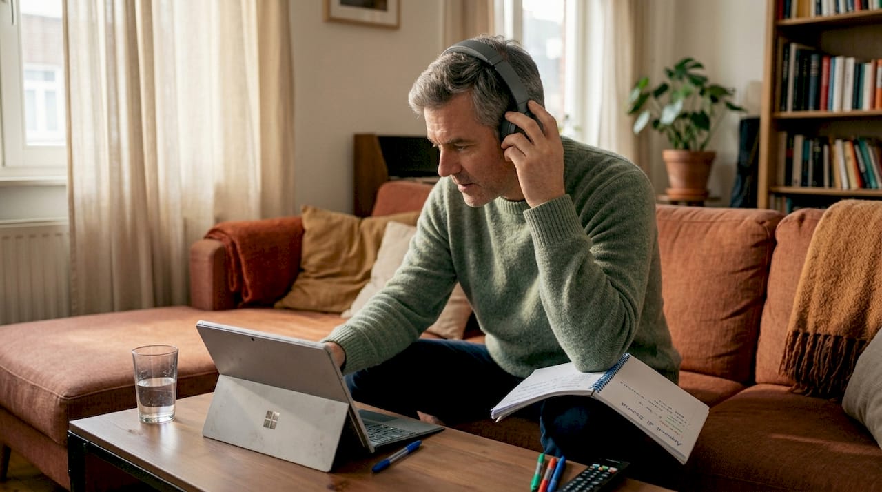 Uomo che segue un corso online utilizzando tablet e cuffie