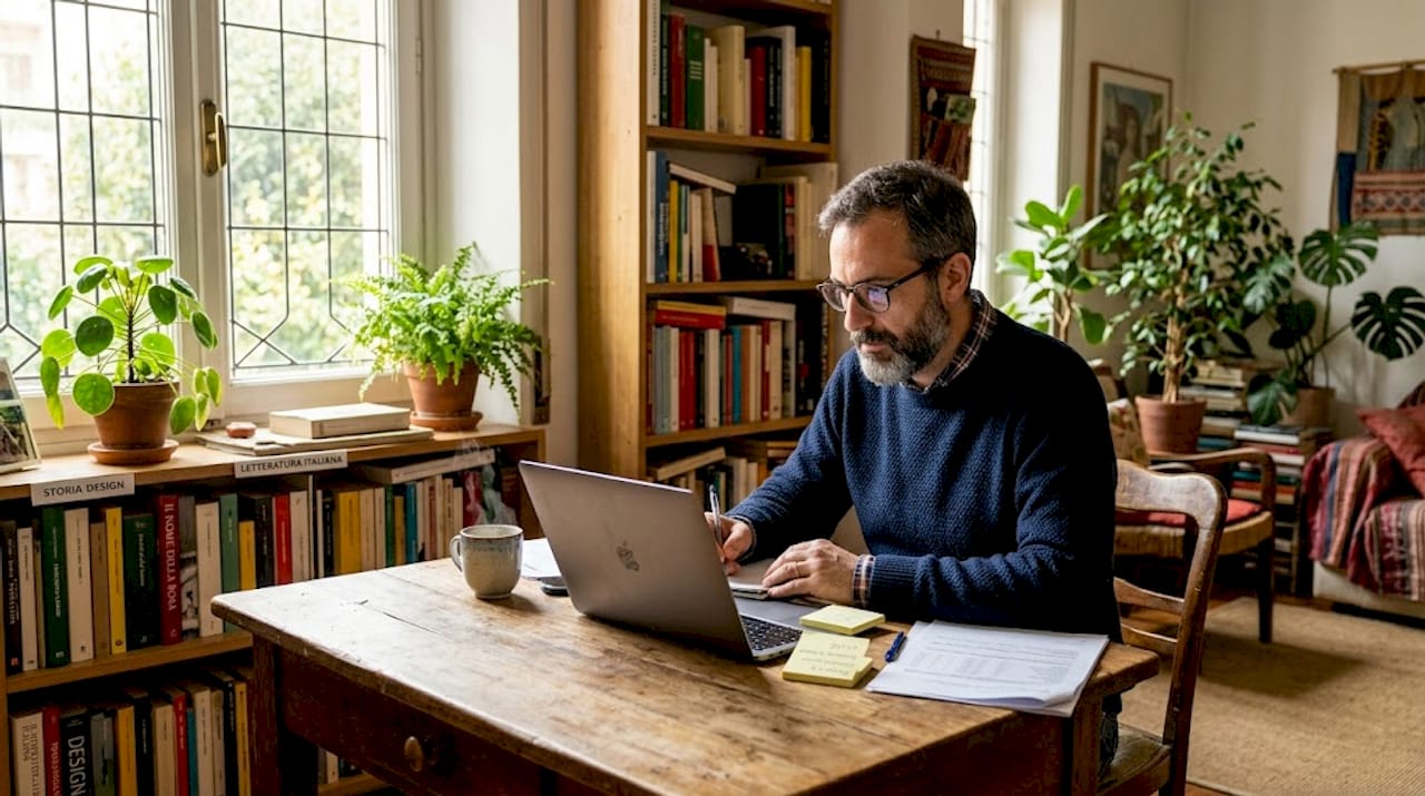 Un adulto segue un corso online comodamente seduto al tavolo di casa.