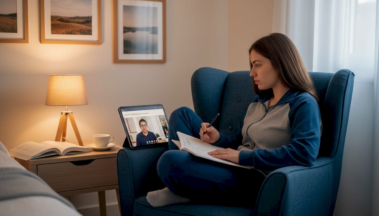 Una studentessa universitaria sta seguendo una lezione online dal tablet, comodamente seduta in soggiorno.