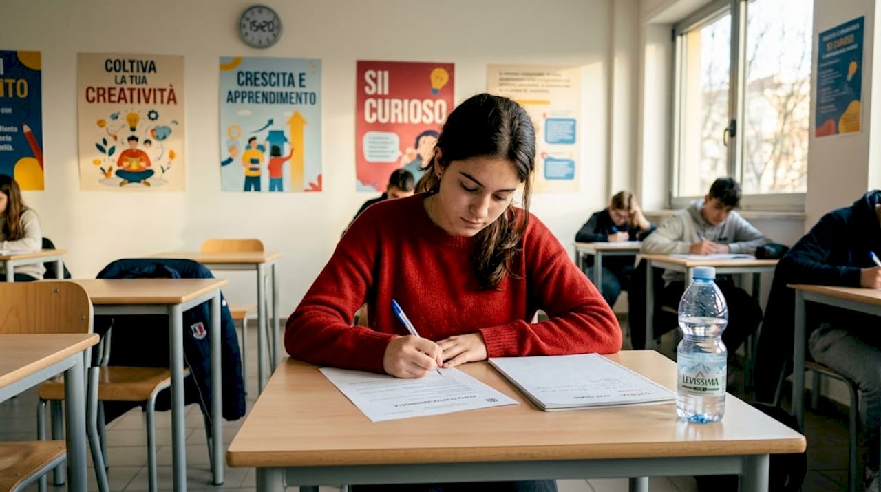 Una studentessa sta sostenendo una prova scritta in aula.