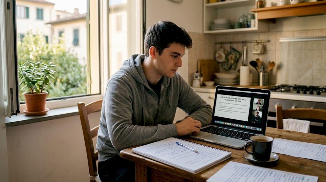 Un ragazzo segue le lezioni online comodamente dal salotto di casa.