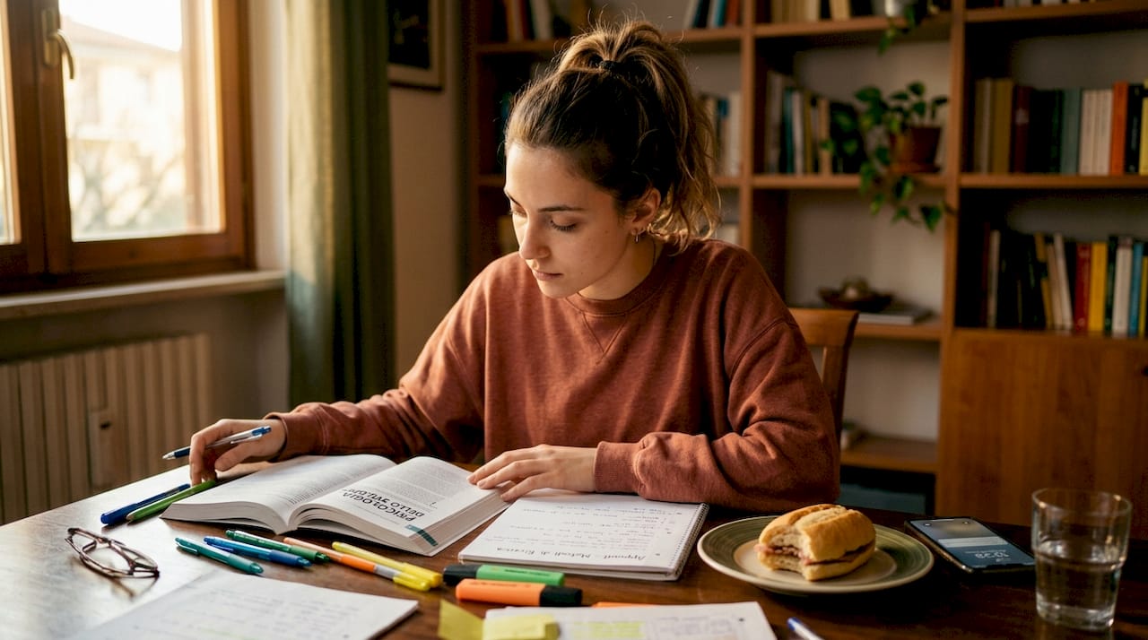 Uno studente seduto al tavolo della cucina che controlla i suoi progressi nello studio.