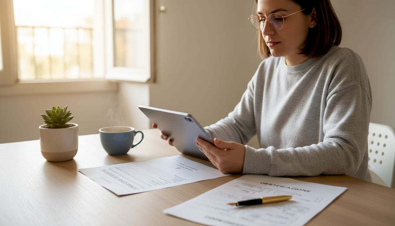 Donna che controlla i moduli di certificazione scolastica online