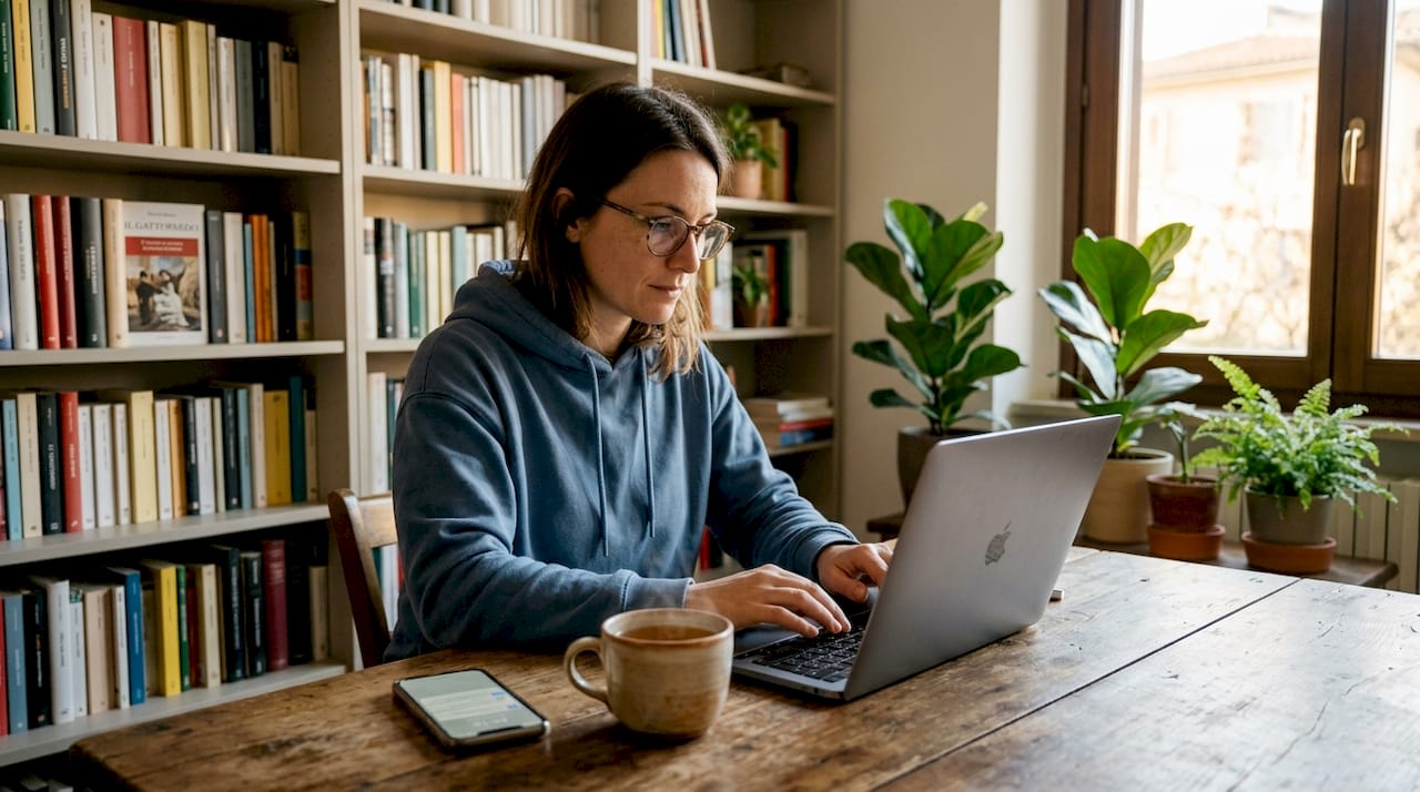 Una donna sta lavorando al computer portatile mentre si trova in cucina.