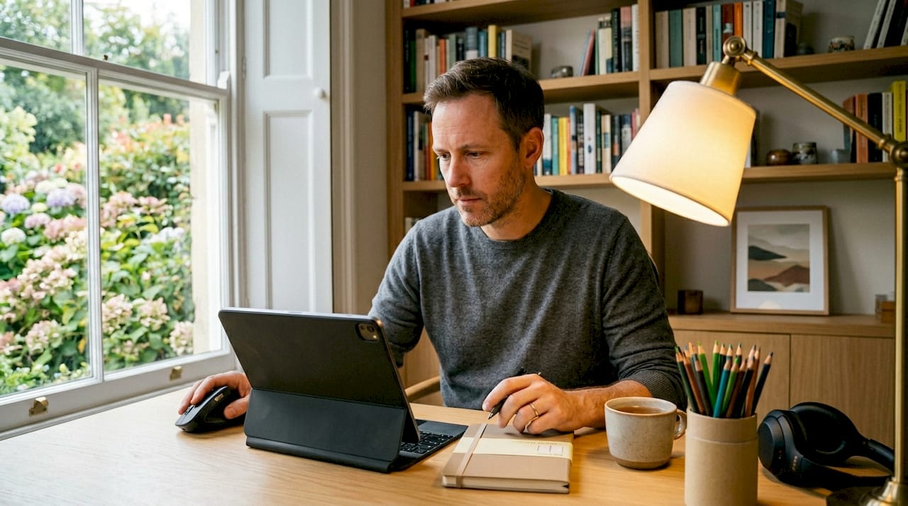 Un uomo utilizza il tablet per informarsi sulle soluzioni di accessibilità nell’e-learning.