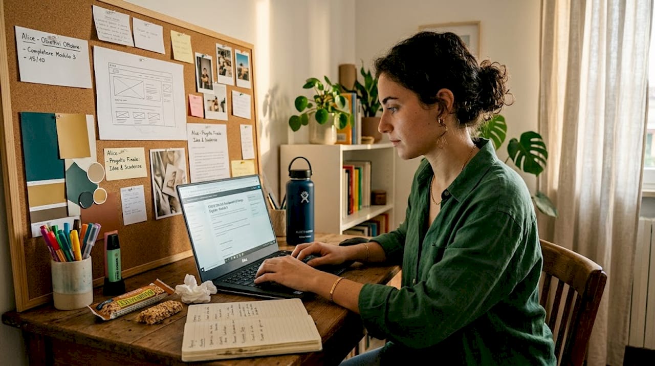 Ragazza che lavora al computer nella sua camera, trasformata in un piccolo studio.