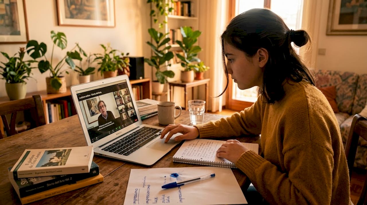 Una ragazza adolescente segue le lezioni online direttamente dalla cucina di casa.