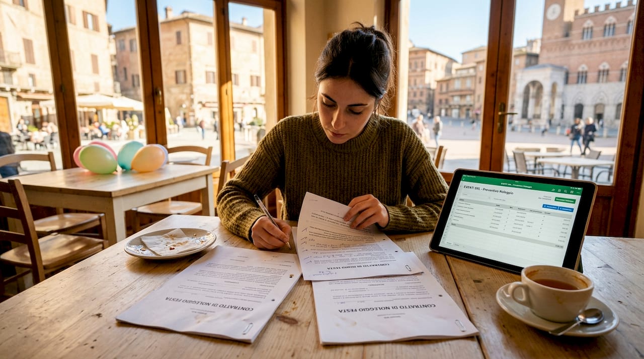 Una donna valuta e confronta diversi preventivi per il noleggio di attrezzature e servizi per la sua festa.