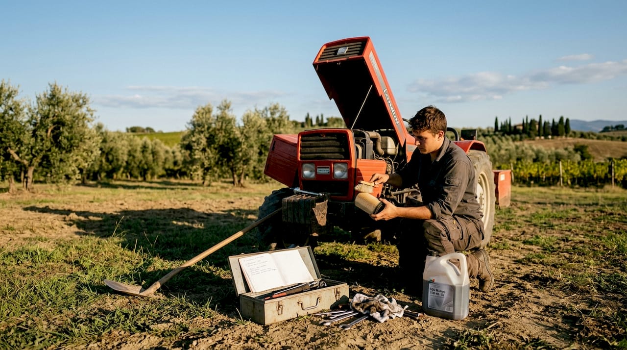 Un agricoltore sta effettuando la manutenzione del suo trattore vicino al magazzino.