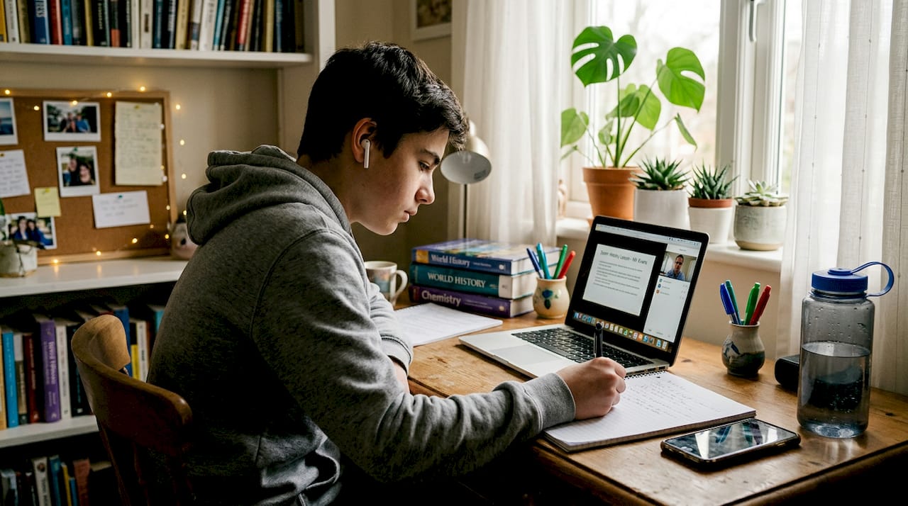 Ragazzo che studia a casa al computer