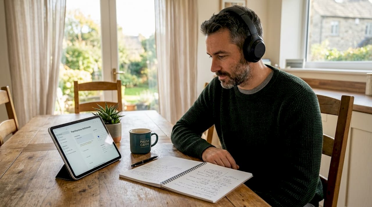 Uomo adulto che segue una lezione online comodamente dal salotto di casa