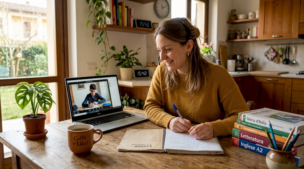 Lezioni private online: un insegnante segue lo studente direttamente da casa, attraverso il computer.