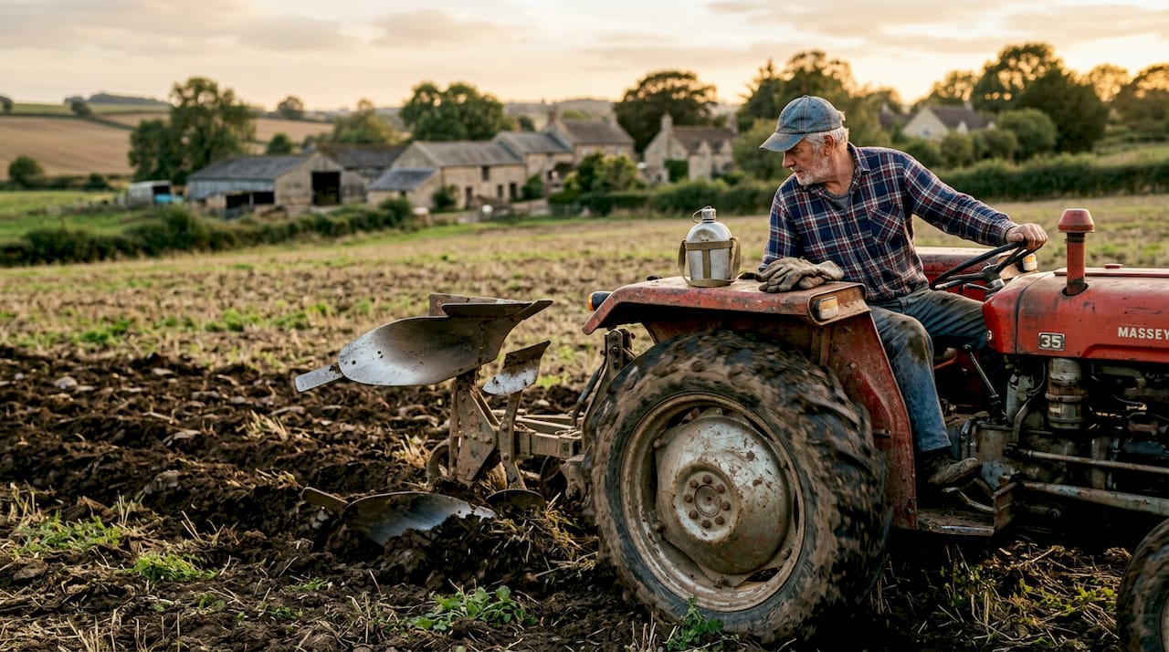 Un agricoltore al lavoro nei campi alla guida del trattore mentre ara il terreno con l’aratro.
