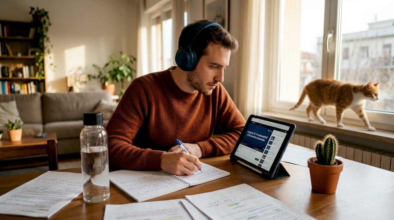 Un uomo utilizza strumenti digitali per il tutoraggio direttamente dal suo tablet.
