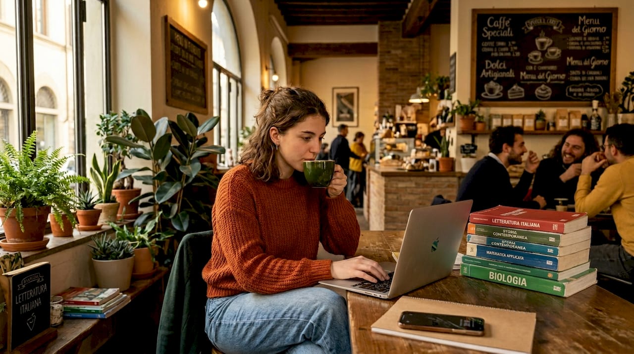 Uno studente che segue le lezioni online, seduto alla sua scrivania di casa.
