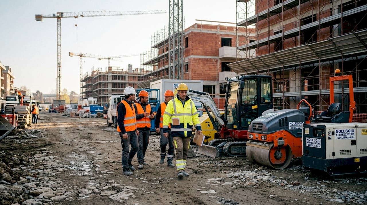 Il capocantiere passa in rassegna le attrezzature a noleggio presenti sul cantiere.