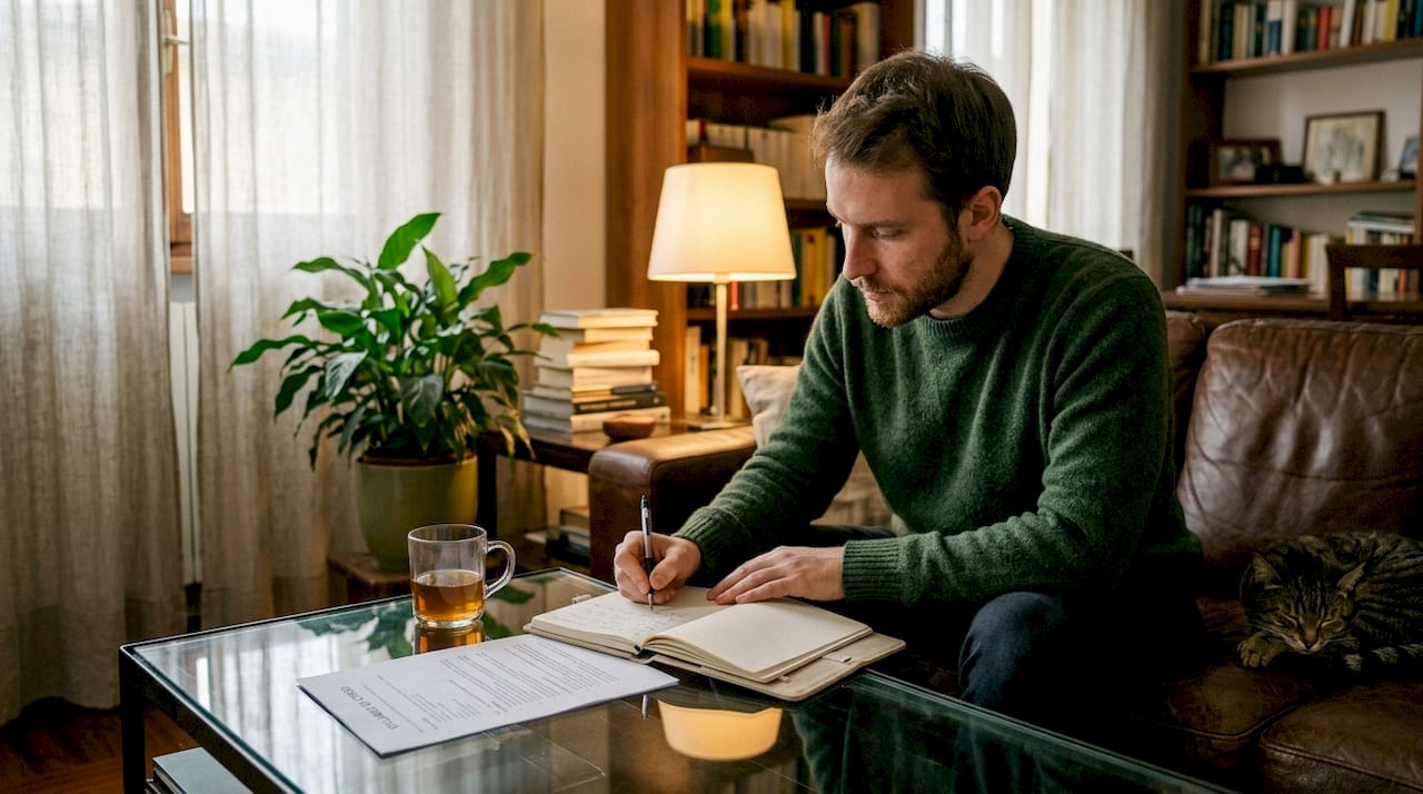 Un adulto seduto comodamente sul divano ripassa i materiali di studio, immerso nella lettura e nella concentrazione.
