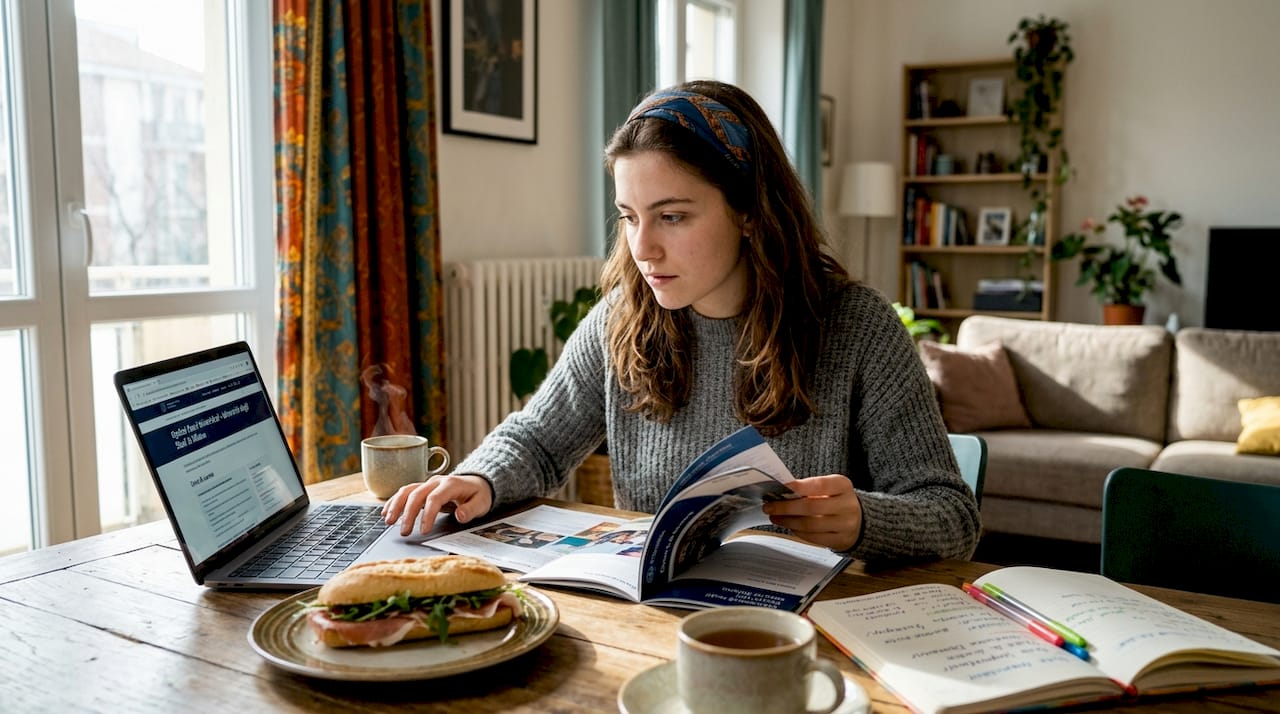 Uno studente seduto al tavolo della cucina, intento a valutare le diverse possibilità di studio.