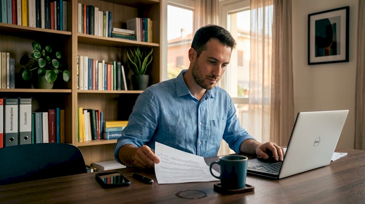 Uno studente sta preparando la sua tesi comodamente nel soggiorno di casa.