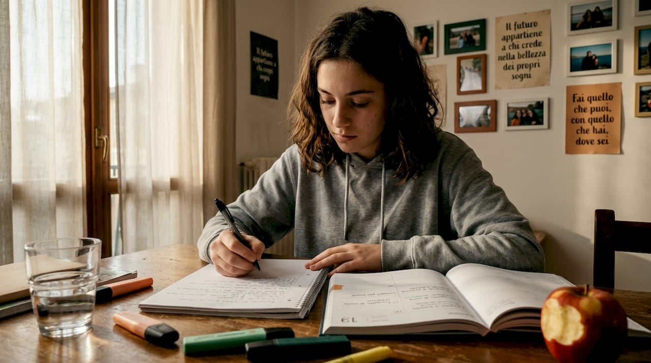 Una studentessa organizza le sue sessioni di studio seduta alla scrivania con l’agenda aperta davanti a sé.