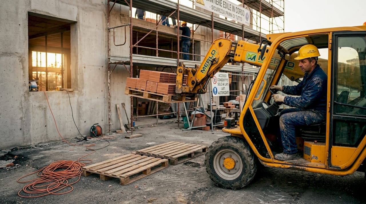 Operaio alla guida di un muletto in cantiere