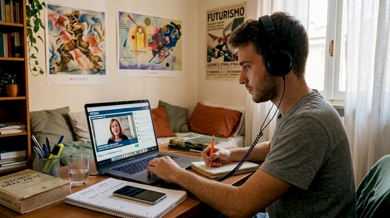 Un ragazzo sta partecipando a una lezione online comodamente da casa, utilizzando il suo portatile.