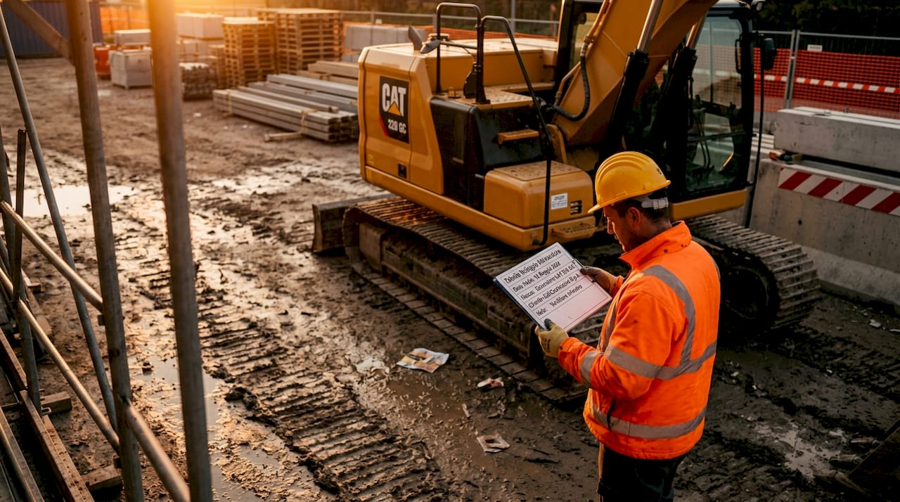 Un operaio controlla che tutte le attrezzature a noleggio sul cantiere siano conformi e pronte all’uso.