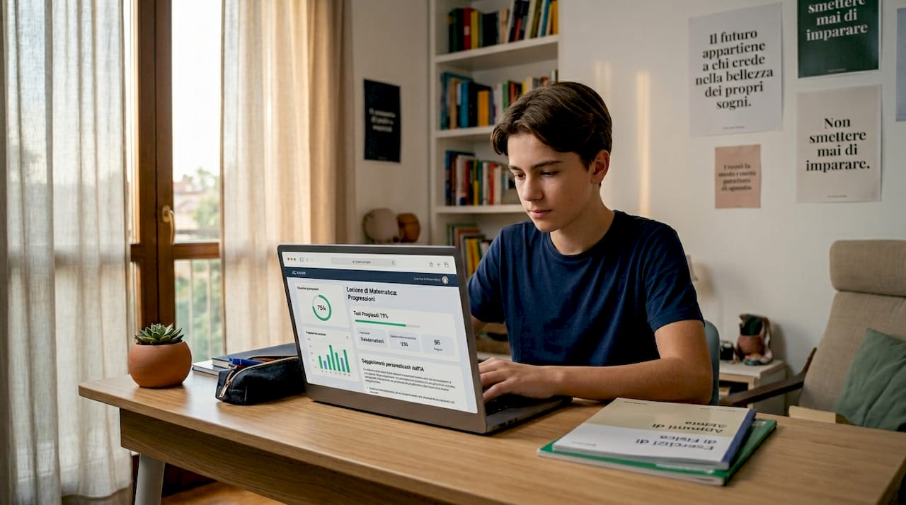 Una studentessa si dedica allo studio utilizzando un’applicazione di intelligenza artificiale sul suo portatile.