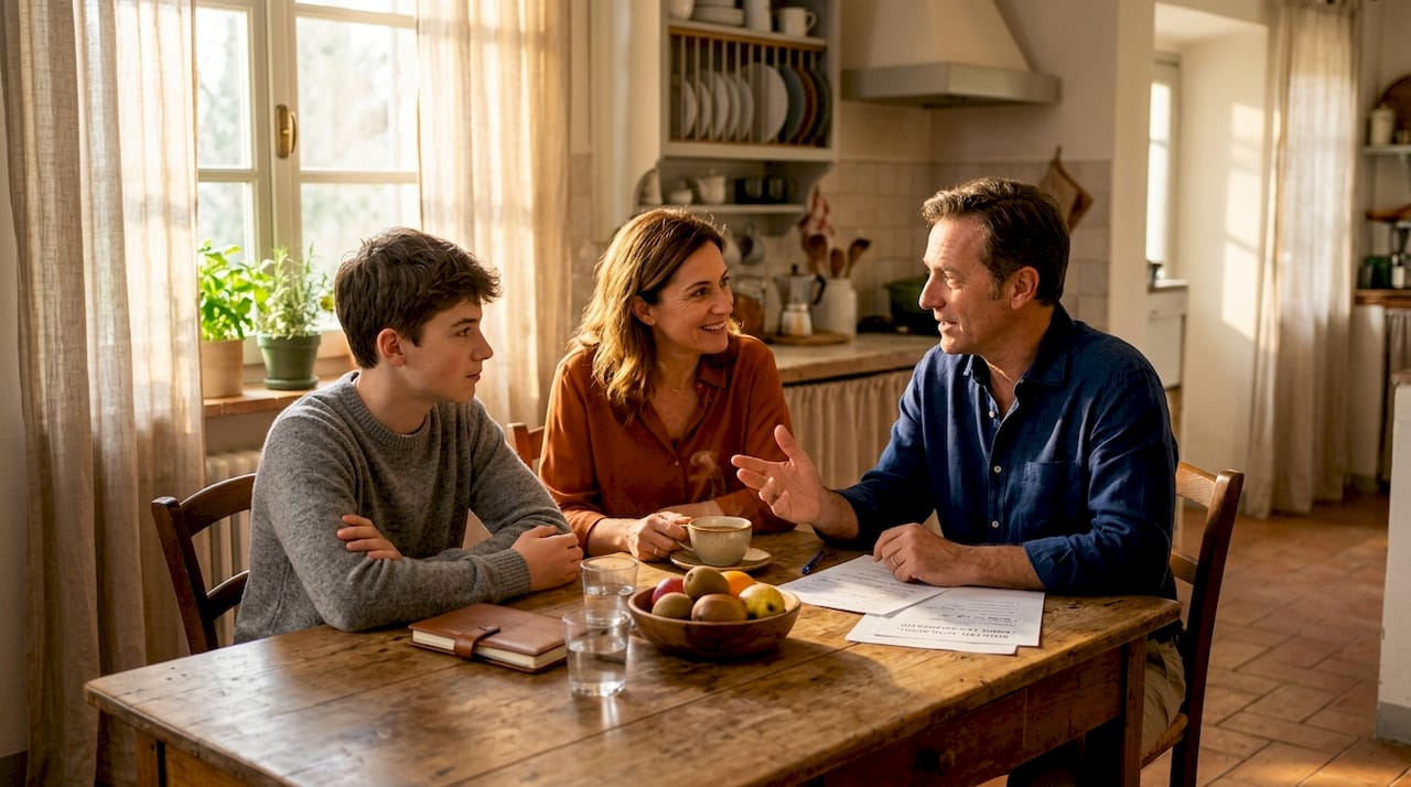 In famiglia si affronta il tema dell’andamento scolastico del figlio, valutando insieme eventuali difficoltà e cercando soluzioni per supportarlo al meglio.