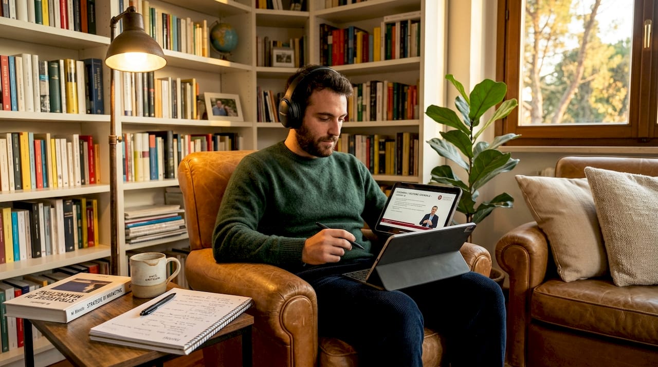 Un adulto che si dedica allo studio online comodamente da casa