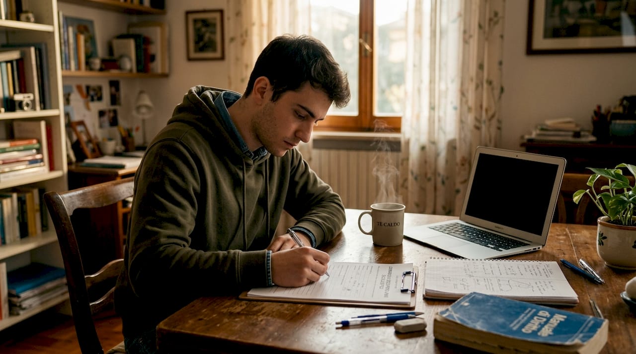 Ragazzo alle prese con lo studio dei documenti per il diploma alla scrivania di casa