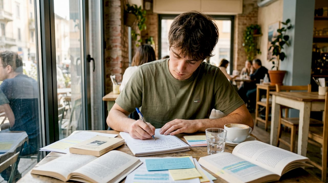 Ragazzo intento a studiare alla scrivania, circondato da libri e con il portatile acceso davanti a sé.