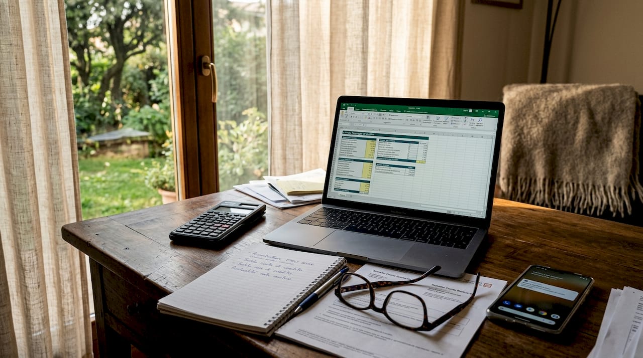 Scrivania per lo smart working con calcoli sul punteggio di credito