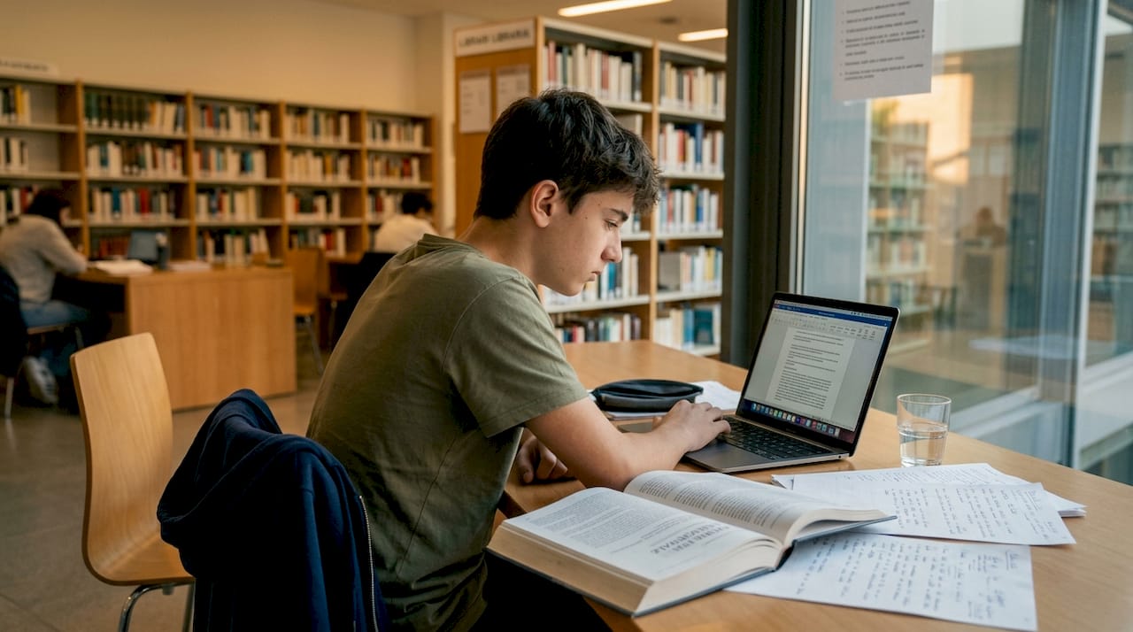 Ragazzo che studia concentrato davanti al computer portatile sulla scrivania