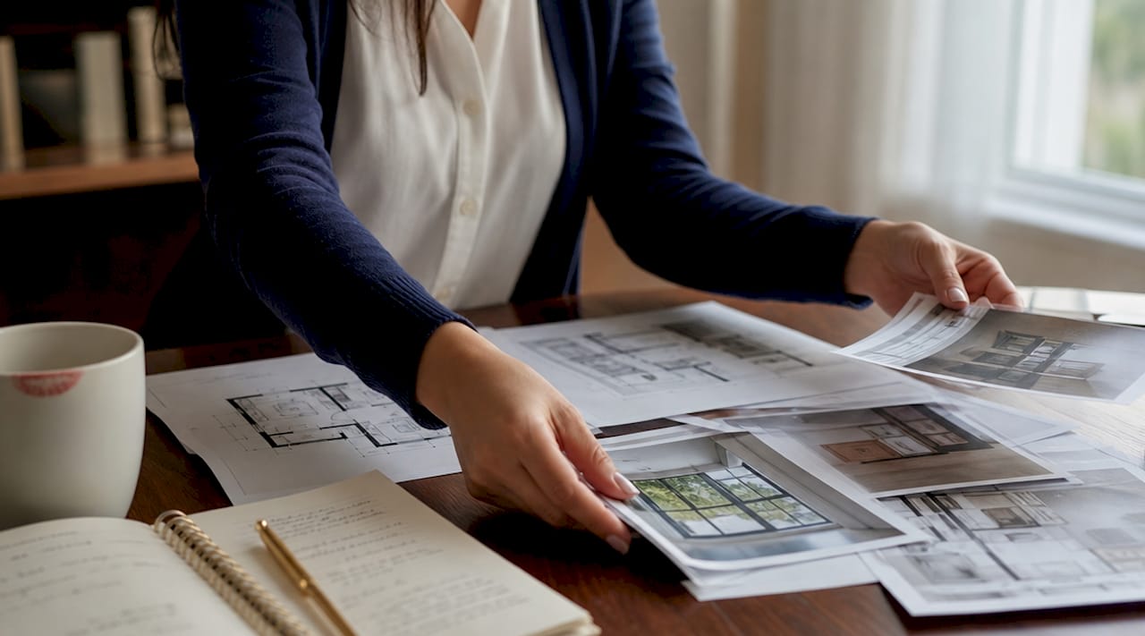 Mani al lavoro che sistemano fotografie e planimetrie per creare annunci immobiliari accattivanti.