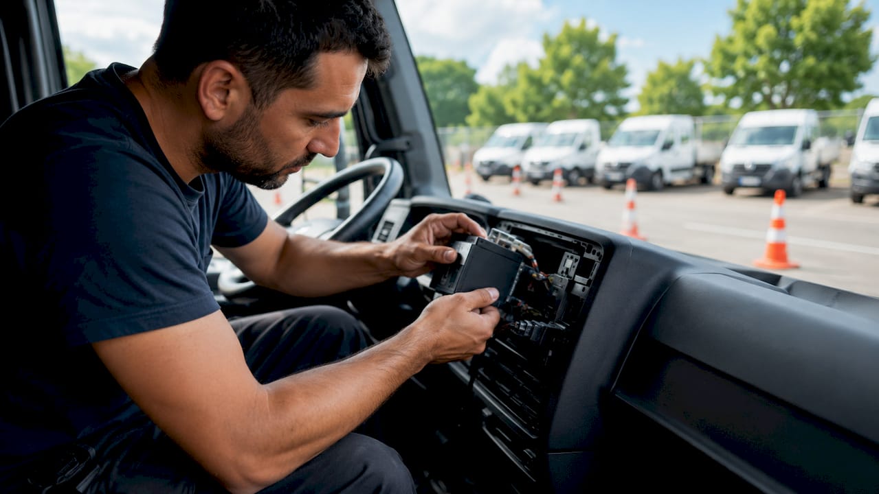 Un tecnico si occupa dell’installazione dei sistemi telematici sui camion a noleggio.