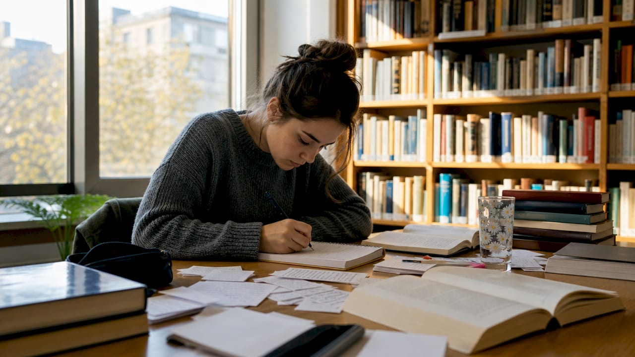 Uno studente impegnato a studiare alla scrivania, circondato dai suoi libri.