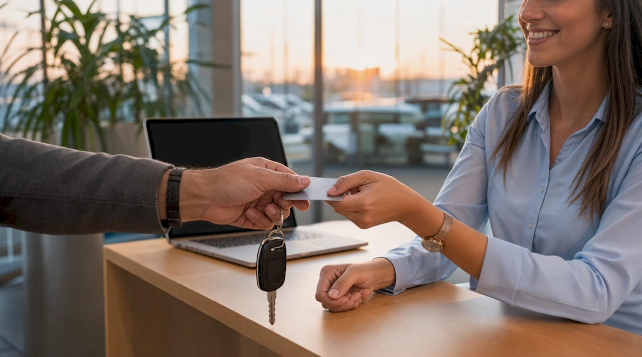 Scambio di chiavi dell’auto e carta di credito tra cliente e operatore al banco del noleggio.