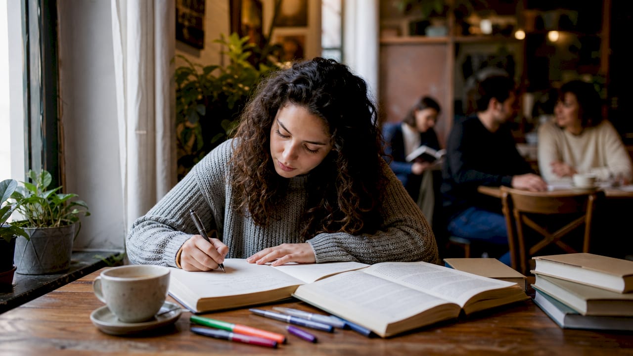 Studentessa che segue le lezioni a distanza, seduta alla scrivania tra libri e quaderni.