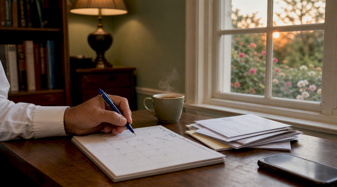 Una scrivania con un calendario aperto e una mano che annota una data importante.