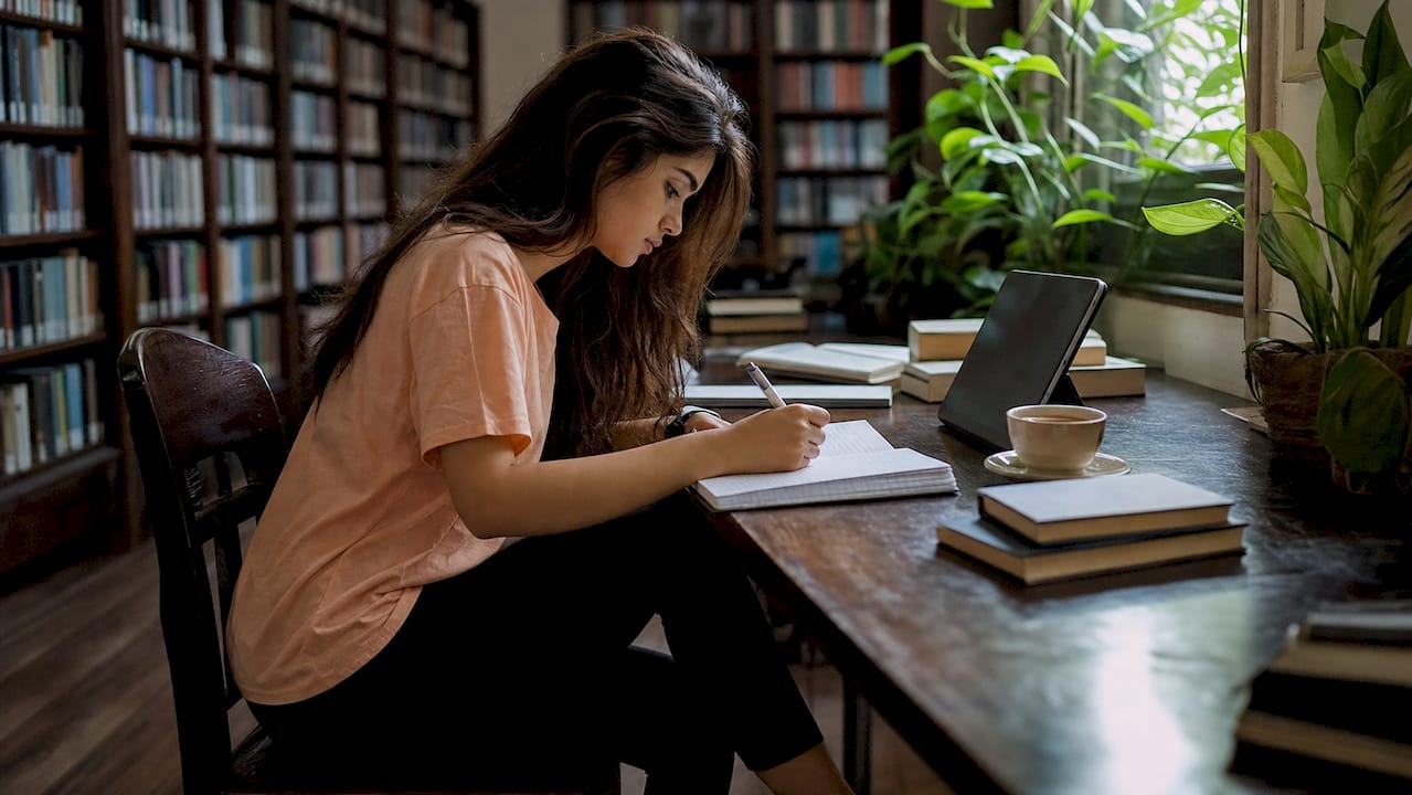 Una ragazza sta seduta al tavolo della biblioteca e prende appunti concentrata sui suoi libri.