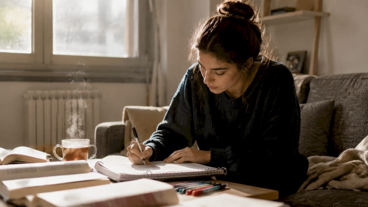 Ragazza che si prepara per l’università studiando a casa