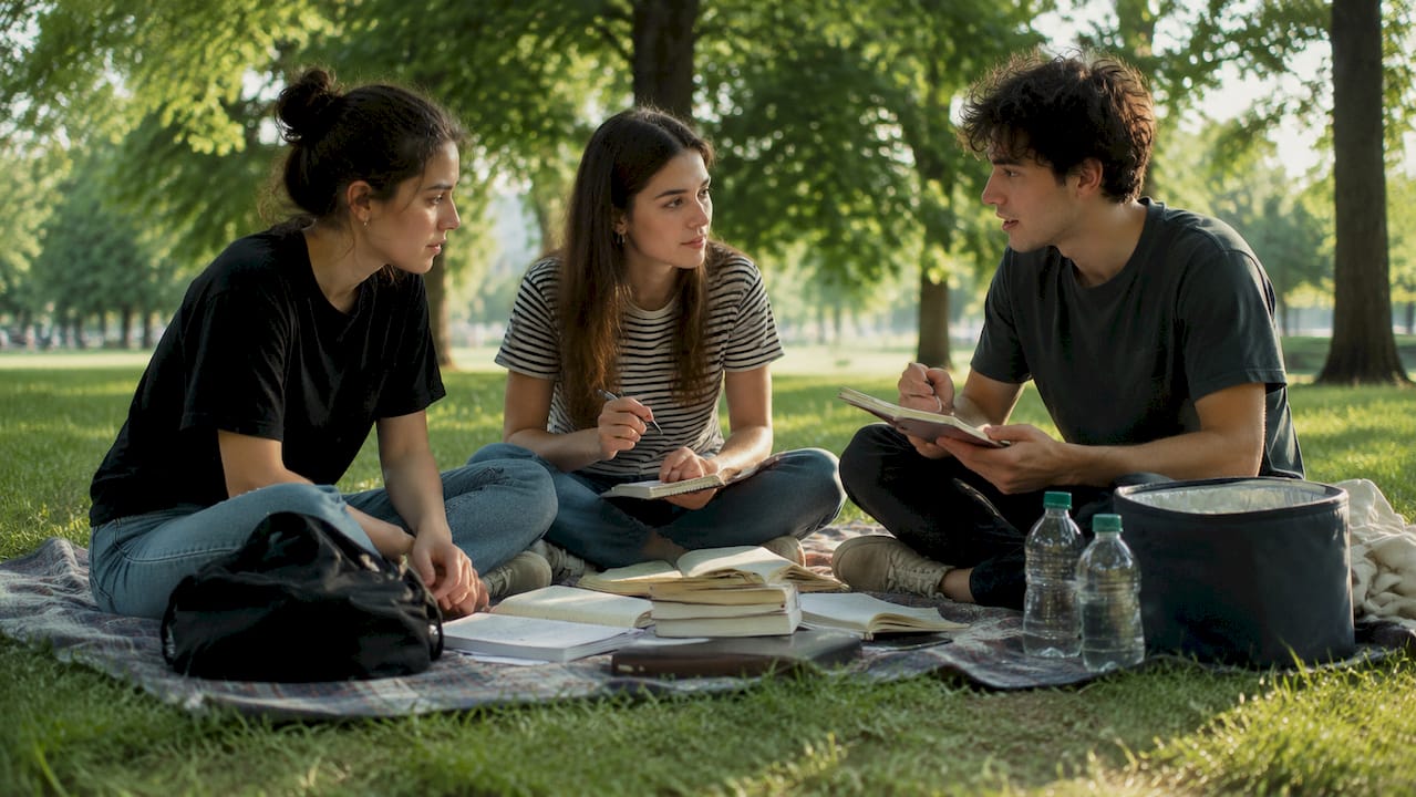 Un gruppo di ragazzi studia insieme all’aria aperta, condividendo appunti e aiutandosi a vicenda.