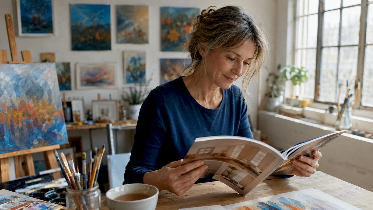 Una donna sfoglia con curiosità il catalogo dei prodotti disponibili per il noleggio.