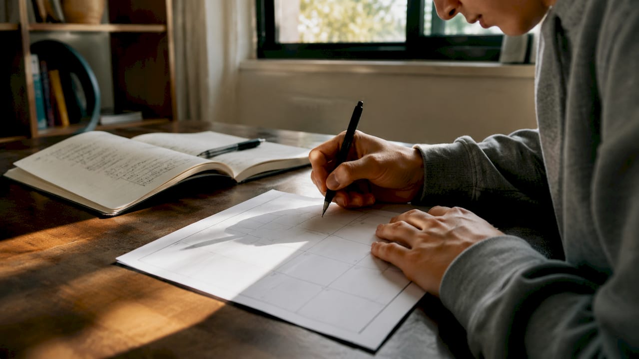 Mani che organizzano il piano di studio tra agenda e quaderni