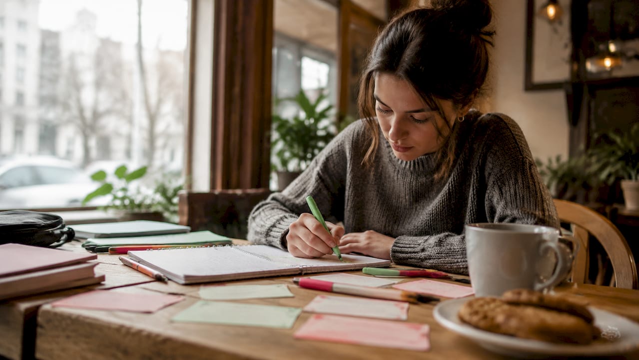 Ragazza che ripassa con le flashcard per memorizzare meglio durante lo studio