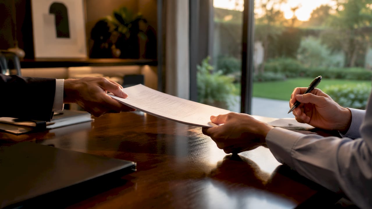 Due persone si scambiano un contratto di affitto temporaneo appena firmato
